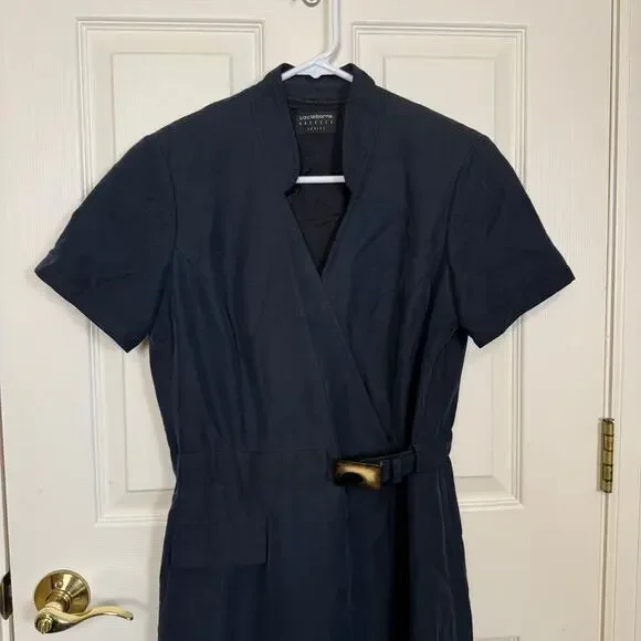Vintage Liz Claiborne Wrap Dress Mandarin Collar 10 Petite Black Belted GUC - Picture 3 of 10